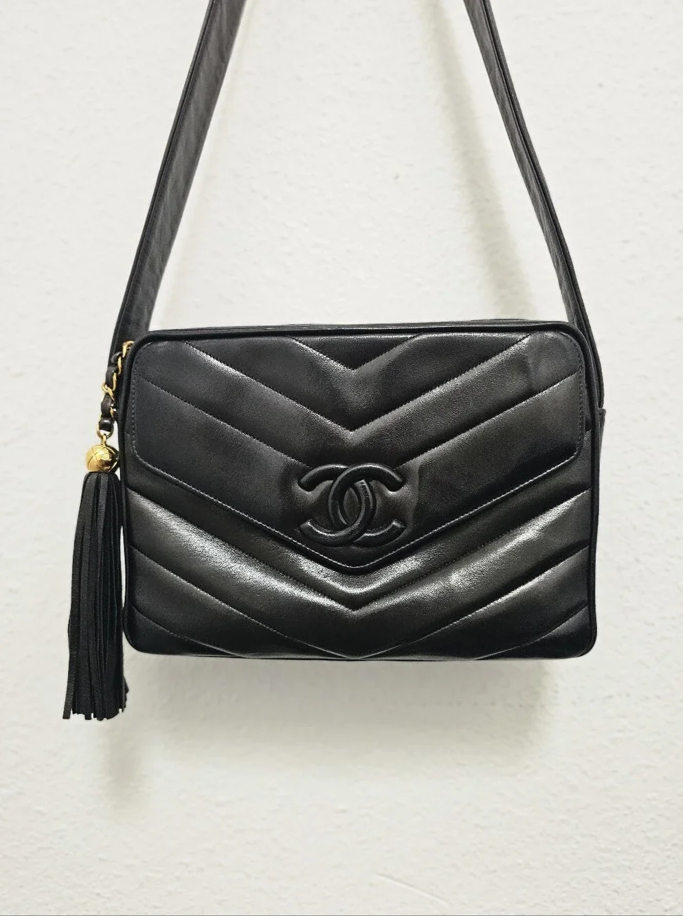 AUTHENTIC Vintage Chanel Black Chevron Leather Tassel Camera Bag (3-Series)
